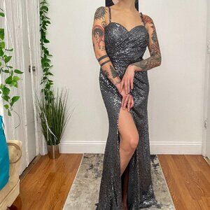 La Femme Spaghetti Strap Sequin Maxi Dress Size 6 Dark Grey